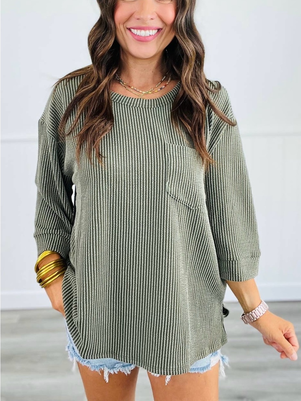 ANDREE BY UNIT OVERSIZE  Olive Ribbed Pocket Long Sleeve Tunic